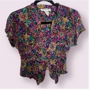 Casual Corner Multicolor Floral Crop Blouse - Purple, Green, Gold